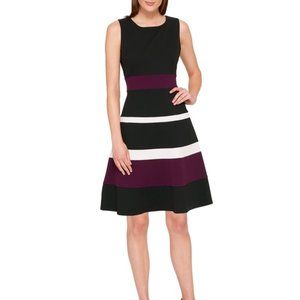 NWT Tommy Hilfiger Black Purple Cream Stripe A Line Midi Dress Size 16